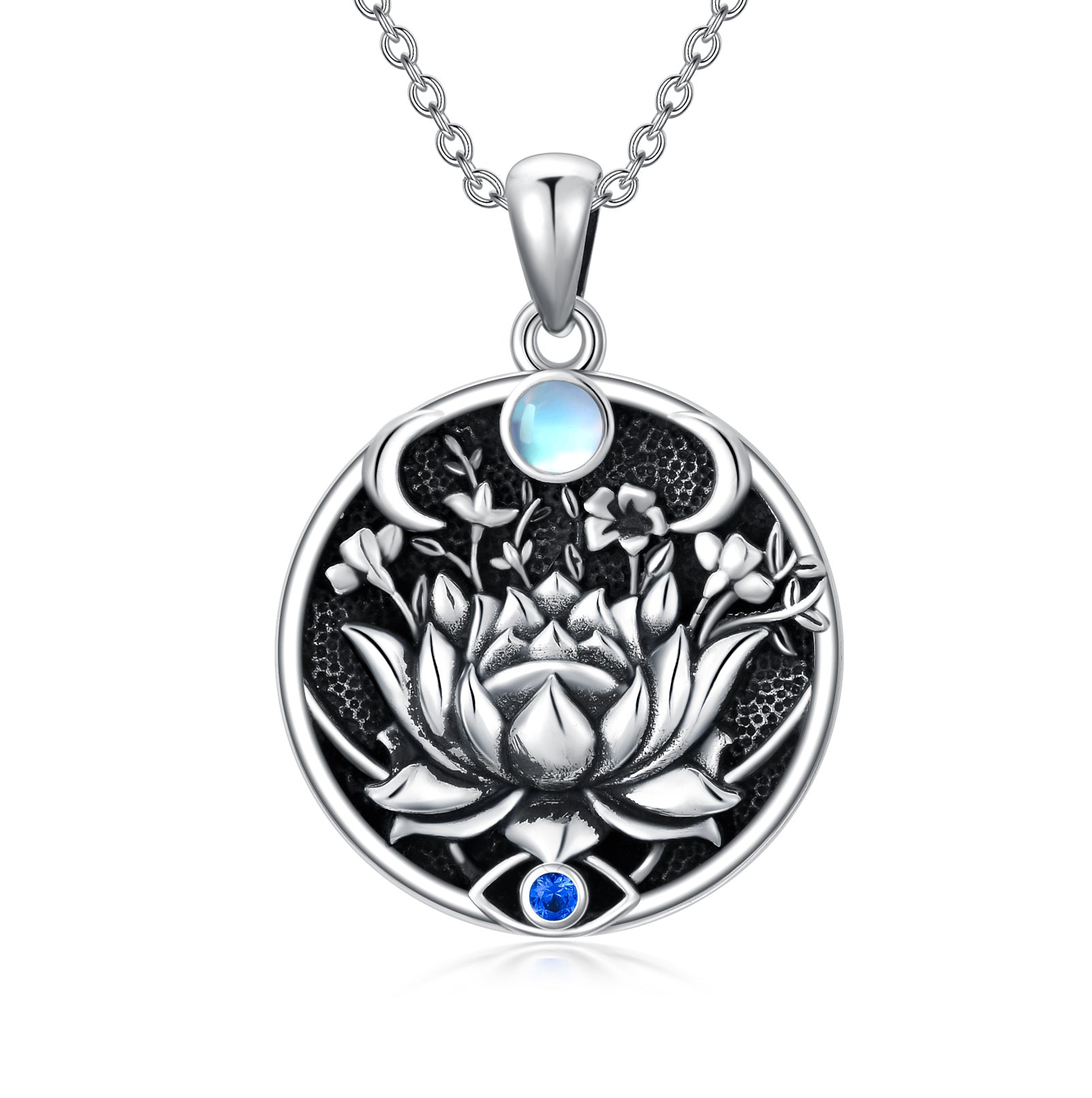 Lotus Evil Eye Necklace Sterling Silver Evil Eye Pendant Spiritual Protection Charm Moonstone Jewelry Moon Necklace for Women Girls