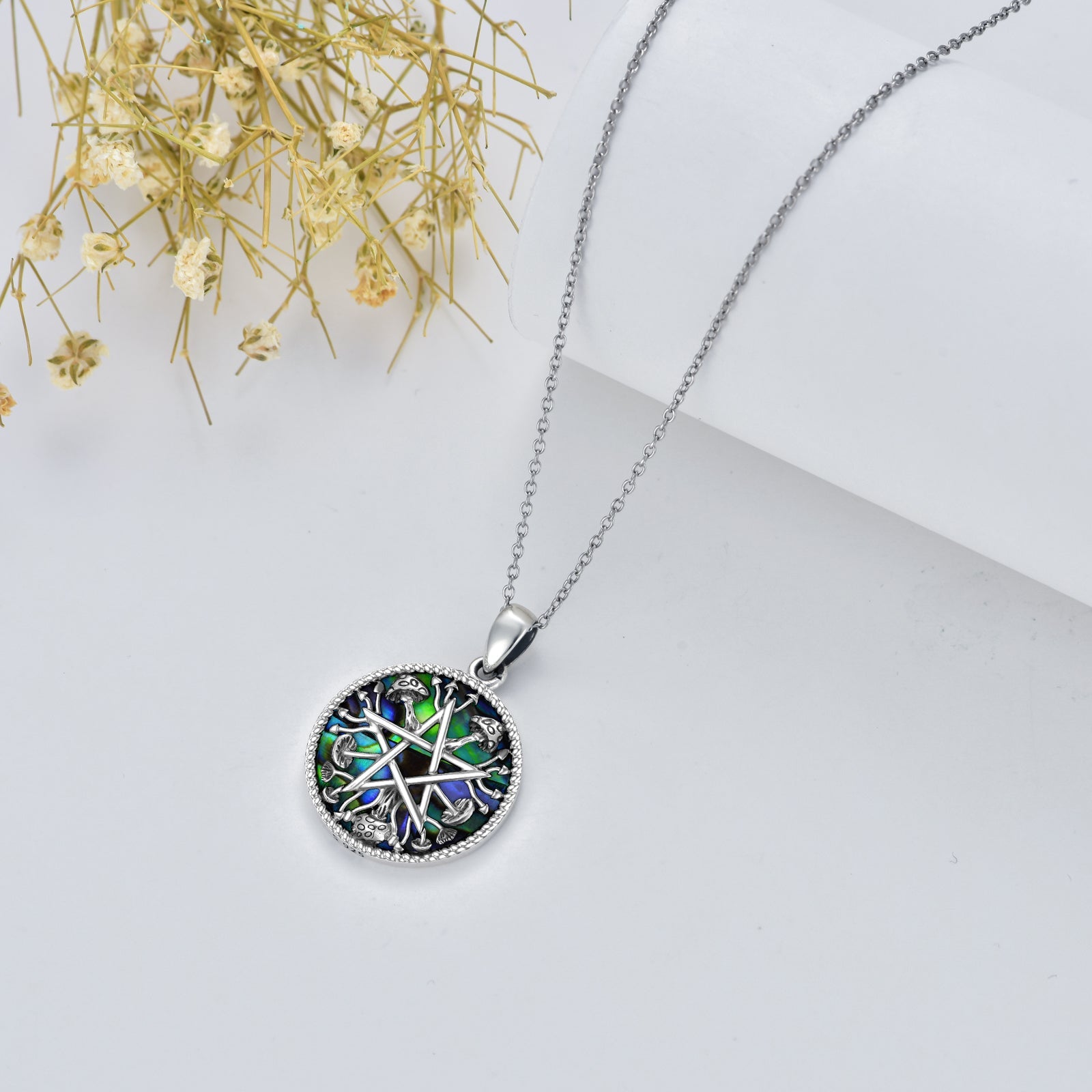 Abalone Shell Mushroom Pentagram Necklace for Women in Sterling Silver